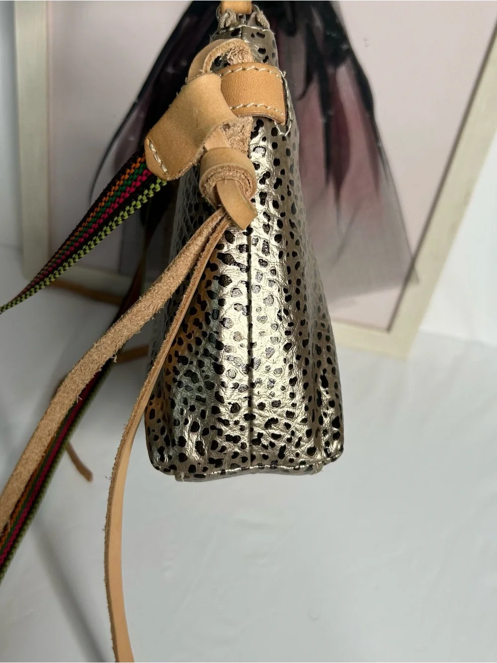 Consuela Metallic Gold Leopard-Print Crossbody with Tan Strap